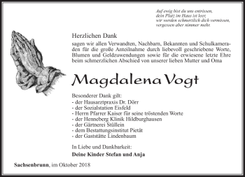 Traueranzeige von Magdalena Vogt von Südthüringer Presse