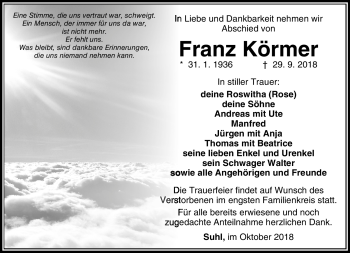 Traueranzeige von Franz Körmer von Südthüringer Presse