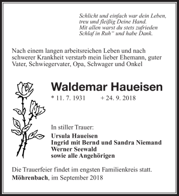 Traueranzeige von Waldemar Haueisen von Südthüringer Presse