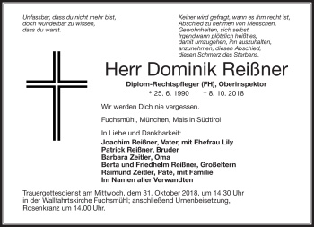 Traueranzeige von Dominik Reißner von Frankenpost