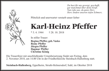 Traueranzeige von Karl-Heinz Pfeffer von Südthüringer Presse