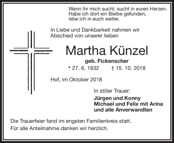 Traueranzeige von Martha Künzel von Frankenpost