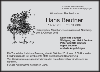 Traueranzeige von Hans Beutner von Frankenpost