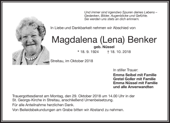 Traueranzeige von Magdalena Benker von Frankenpost