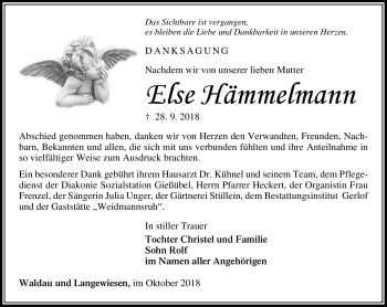 Traueranzeige von Else Hämmelmann von Südthüringer Presse