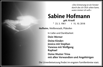 Traueranzeige von Sabine Hofmann von Frankenpost