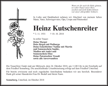 Traueranzeige von Heinz Kutschenreiter von Südthüringer Presse