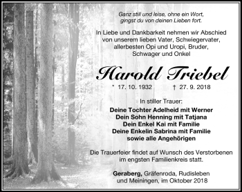 Traueranzeige von Harold Triebel von Südthüringer Presse
