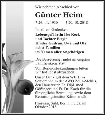 Traueranzeige von Günter Heim von Südthüringer Presse