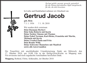 Traueranzeige von Gertrud Jacob von Südthüringer Presse