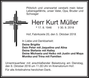 Traueranzeige von Kurt Müller von Frankenpost
