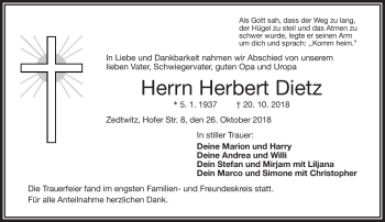 Traueranzeige von Herbert Dietz von Frankenpost