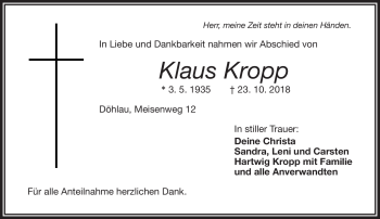 Traueranzeige von Klaus Kropp von Frankenpost