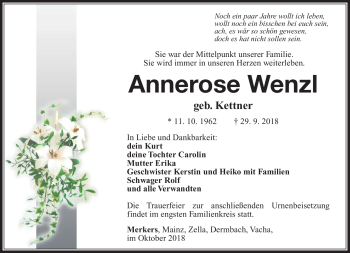 Traueranzeige von Annerose Wenzl von Südthüringer Presse