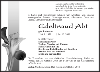 Traueranzeige von Edeltraud Abt von Südthüringer Presse