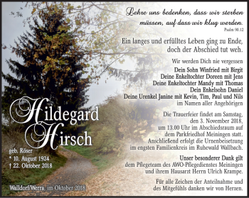 Traueranzeige von Hildegard Hirsch von Südthüringer Presse