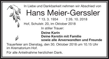 Traueranzeige von Hans Meier-Gerssler von Frankenpost