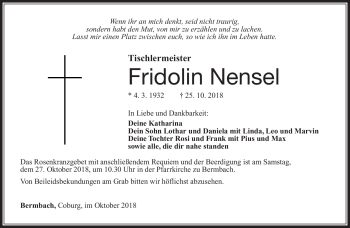 Traueranzeige von Fridolin Nensel von Südthüringer Presse