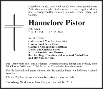 Traueranzeige von Hannelore Pistor von Südthüringer Presse