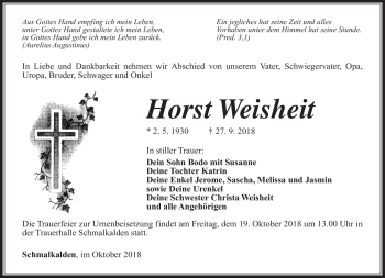 Traueranzeige von Horst Weisheit von Südthüringer Presse