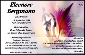 Traueranzeige von Eleonore Bergmann von Südthüringer Presse