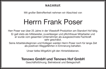 Traueranzeige von Frank Poser von Frankenpost