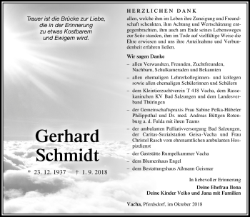 Traueranzeige von Gerhard Schmidt von Südthüringer Presse