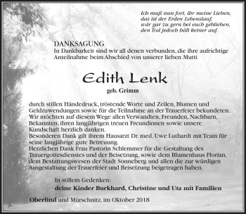 Traueranzeige von Edith Lenk von Südthüringer Presse