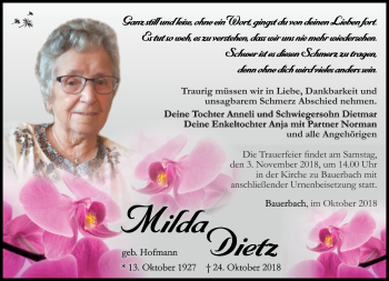 Traueranzeige von Milda Dietz von Südthüringer Presse