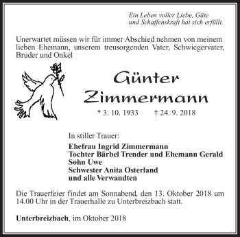 Traueranzeige von Günter Zimmermann von Südthüringer Presse