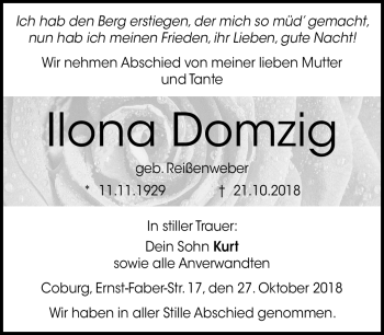 Traueranzeige von Ilona Domzig von Neue Presse Coburg