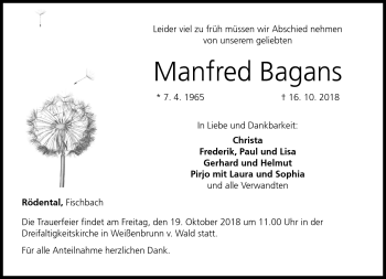 Traueranzeige von Manfred Bagans von Neue Presse Coburg