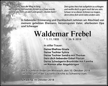 Traueranzeige von Waldemar Frebel von Südthüringer Presse