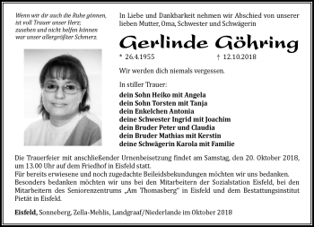 Traueranzeige von Gerlinde Göhring von Südthüringer Presse