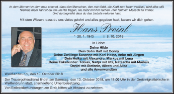 Traueranzeige von Hans Preil von Neue Presse Coburg