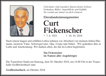 Traueranzeige von Curt Fickenscher von Südthüringer Presse