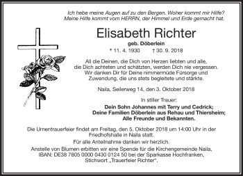 Traueranzeige von Elisabeth Richter von Frankenpost