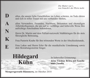 Traueranzeige von Hildegard Kühn von Südthüringer Presse