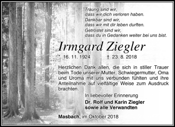 Traueranzeige von Irmgard Ziegler von Südthüringer Presse