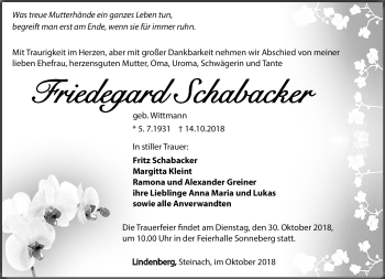 Traueranzeige von Friedegard Schabacker von Südthüringer Presse