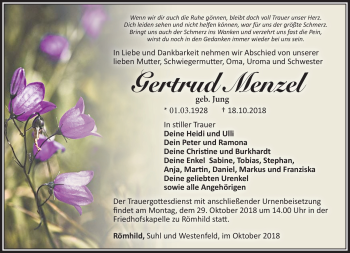 Traueranzeige von Gertrud Menzel von Südthüringer Presse