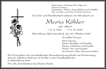 Traueranzeige von Maria Köhler von Frankenpost