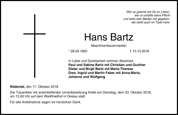 Traueranzeige von Hans Bartz von Neue Presse Coburg