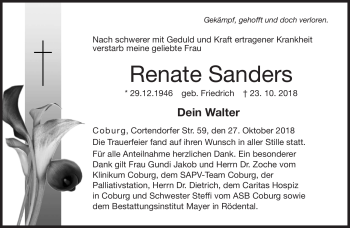Traueranzeige von Renate Sanders von Neue Presse Coburg