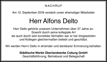Traueranzeige von Alfons Delto von Neue Presse Coburg
