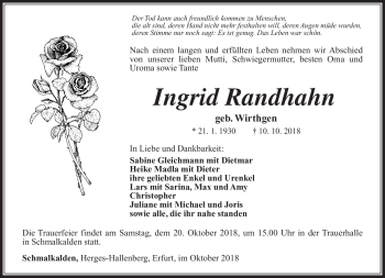 Traueranzeige von Ingrid Randhahn von Südthüringer Presse