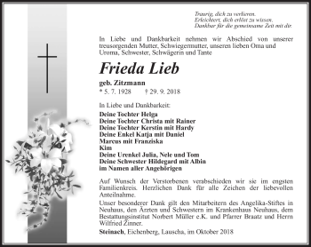 Traueranzeige von Frieda Lieb von Südthüringer Presse