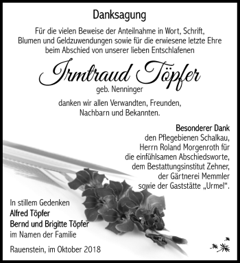 Traueranzeige von Irmtraud Töpfer von Südthüringer Presse
