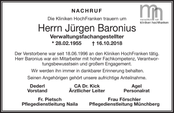 Traueranzeige von Jürgen Baronius von Frankenpost