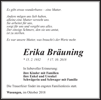 Traueranzeige von Erika Bräuning von Südthüringer Presse